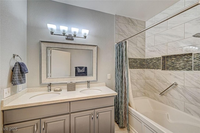 bathroom with vanity and shower / tub combo with curtain