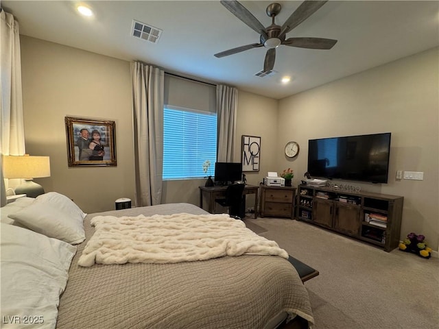 carpeted bedroom featuring ceiling fan