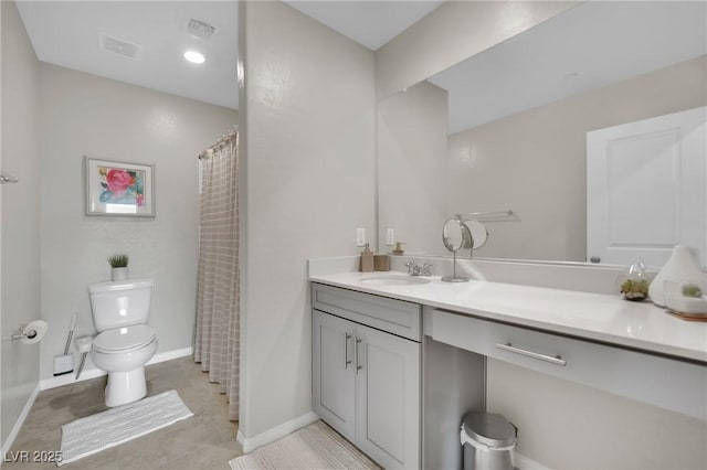 bathroom featuring vanity, toilet, curtained shower, and tile patterned flooring