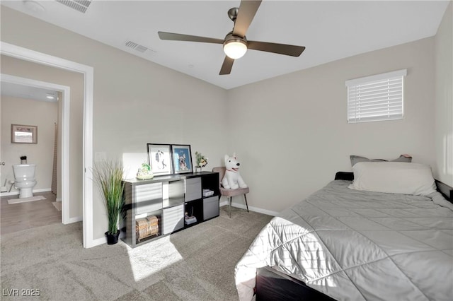 bedroom with light carpet and ceiling fan