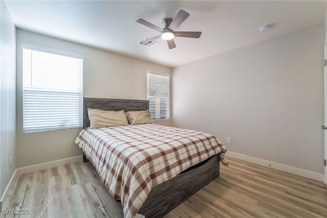 bedroom with ceiling fan and light wood-type flooring