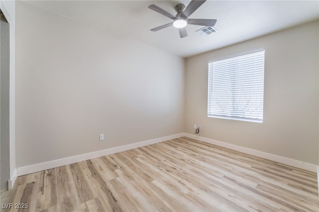 empty room featuring ceiling fan and light hardwood / wood-style floors