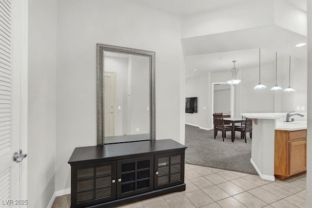 interior space with light colored carpet and sink