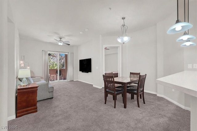 dining room with ceiling fan and carpet flooring