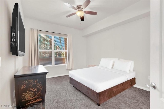 bedroom with ceiling fan and dark carpet