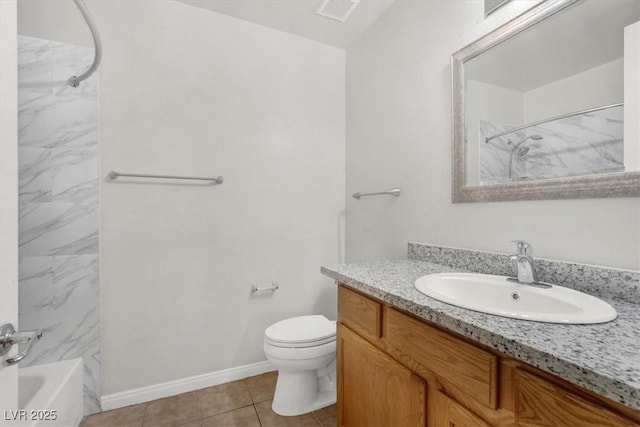 full bathroom with vanity, tiled shower / bath combo, tile patterned floors, and toilet