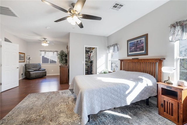 bedroom featuring ceiling fan, a walk in closet, dark hardwood / wood-style flooring, and a closet