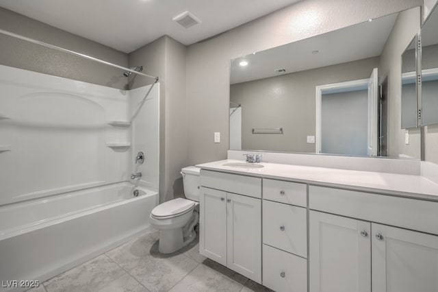 full bathroom featuring shower / washtub combination, toilet, and vanity