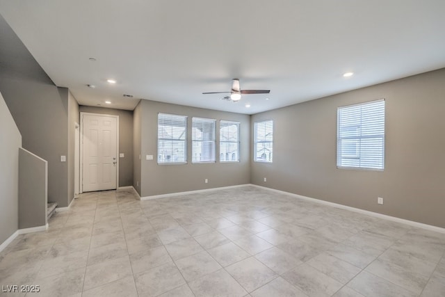 empty room featuring light tile patterned floors, ceiling fan, baseboards, and recessed lighting