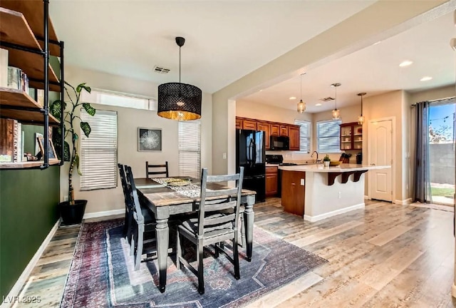 dining space with wood-type flooring and sink