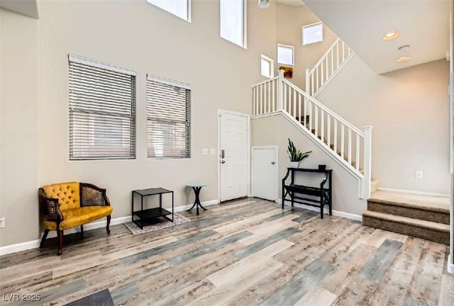 foyer featuring hardwood / wood-style flooring and a towering ceiling