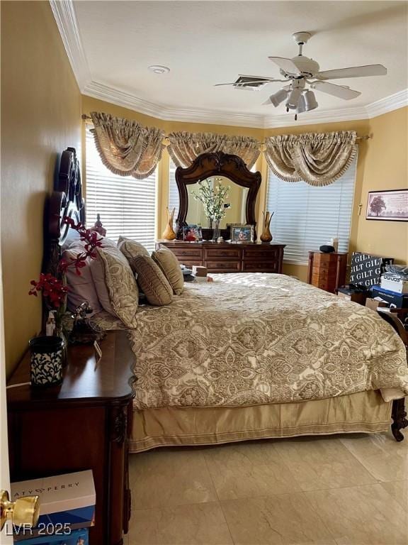 bedroom with a ceiling fan and crown molding