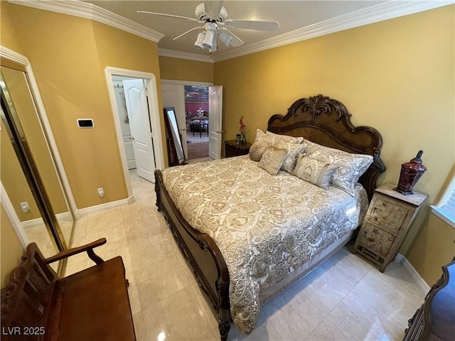 bedroom with ornamental molding, a ceiling fan, and baseboards