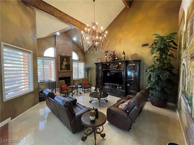 tiled living room with a notable chandelier, a brick fireplace, high vaulted ceiling, beamed ceiling, and baseboards