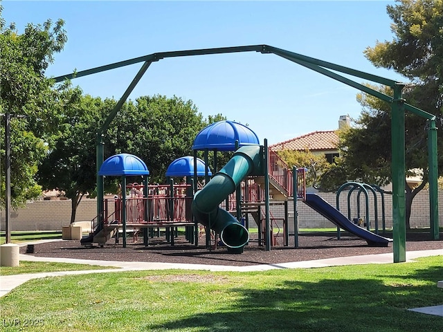 view of play area featuring a lawn