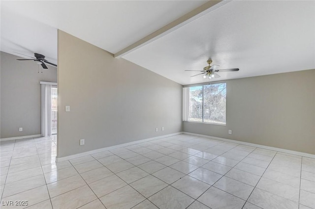 tiled spare room with vaulted ceiling with beams and ceiling fan