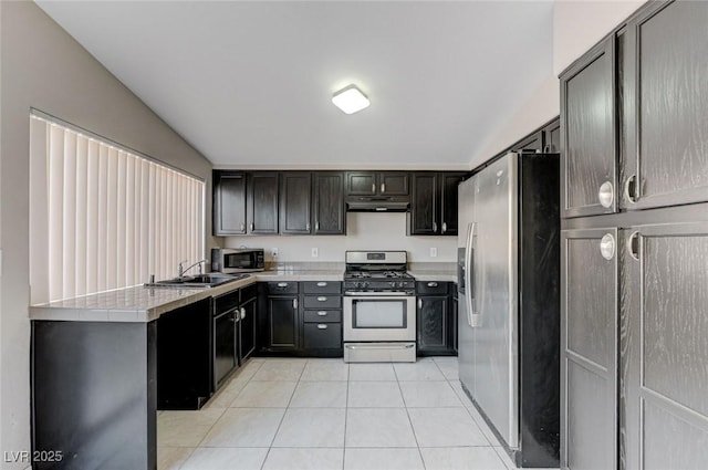 kitchen with light tile patterned floors, dark brown cabinets, stainless steel appliances, and sink