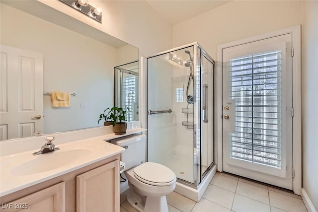 bathroom featuring walk in shower, tile patterned floors, vanity, and toilet