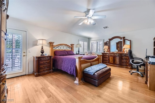 bedroom with access to outside, ceiling fan, and light wood-type flooring