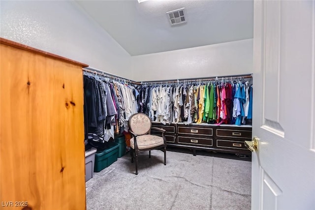 spacious closet featuring lofted ceiling and carpet flooring