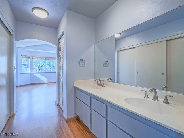 bathroom featuring vanity and hardwood / wood-style floors