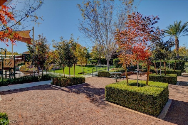 view of home's community with a playground and a lawn