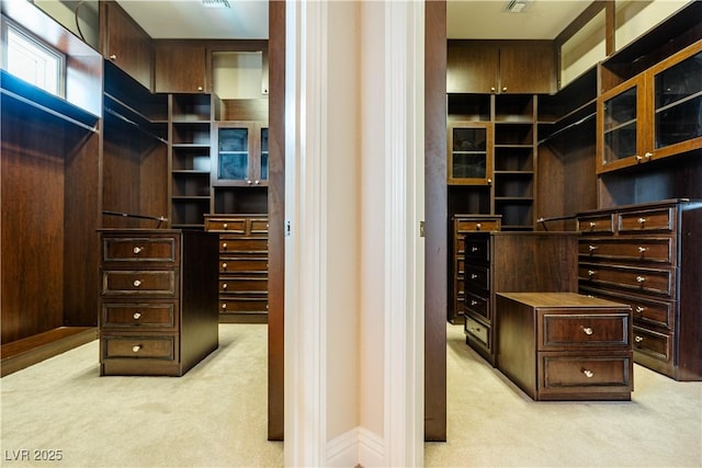 walk in closet featuring light carpet