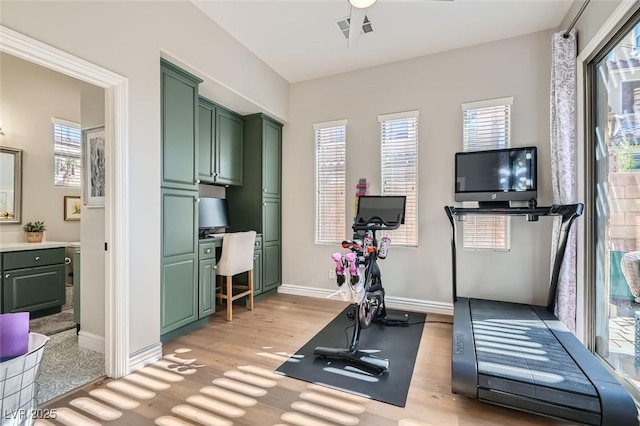 exercise room featuring light hardwood / wood-style floors and a healthy amount of sunlight