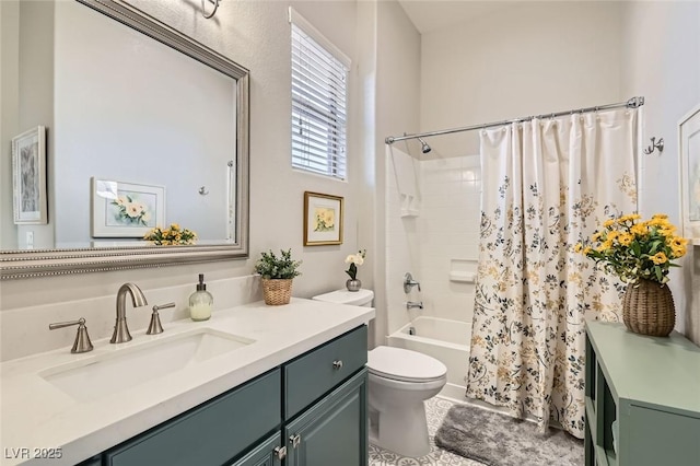 full bathroom featuring vanity, toilet, and shower / bath combo with shower curtain