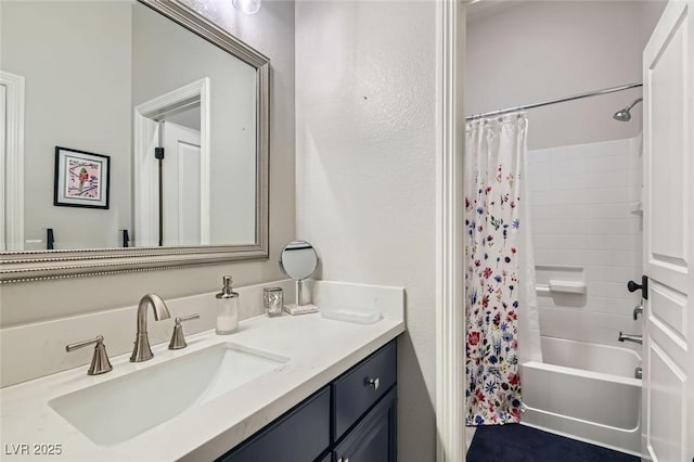 bathroom featuring shower / tub combo with curtain and vanity