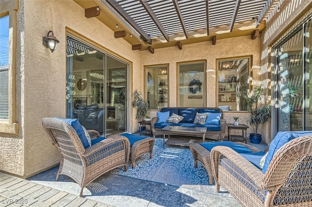 view of patio / terrace featuring an outdoor hangout area and a pergola