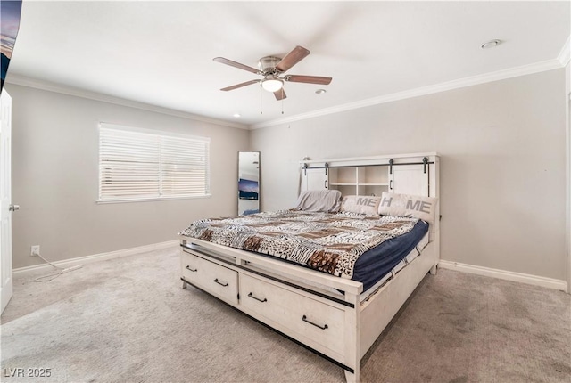 bedroom with ceiling fan, ornamental molding, and light carpet