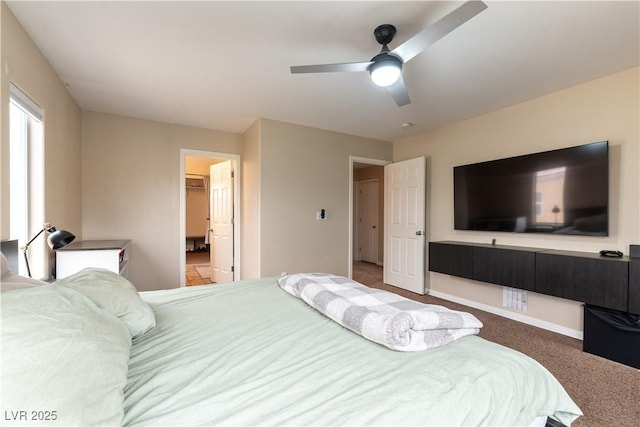 bedroom featuring carpet floors, a ceiling fan, and baseboards