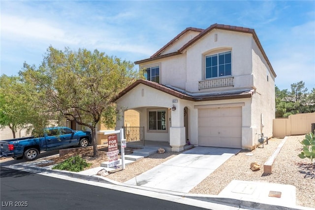 9527 Havasu Canyon Ave, Las Vegas, NV 89166 - mediterranean / spanish-style house featuring an attached garage, stucco siding, concrete driveway, and covered porch
