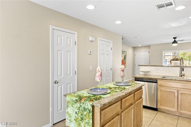 9527 Havasu Canyon Ave, Las Vegas, NV 89166 - kitchen with a sink, dishwasher, light tile patterned flooring, decorative backsplash, and a center island