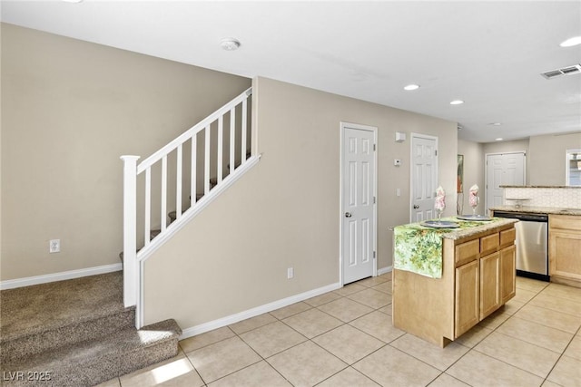 9527 Havasu Canyon Ave, Las Vegas, NV 89166 - kitchen with stainless steel dishwasher, recessed lighting, baseboards, light tile patterned flooring, and a kitchen island