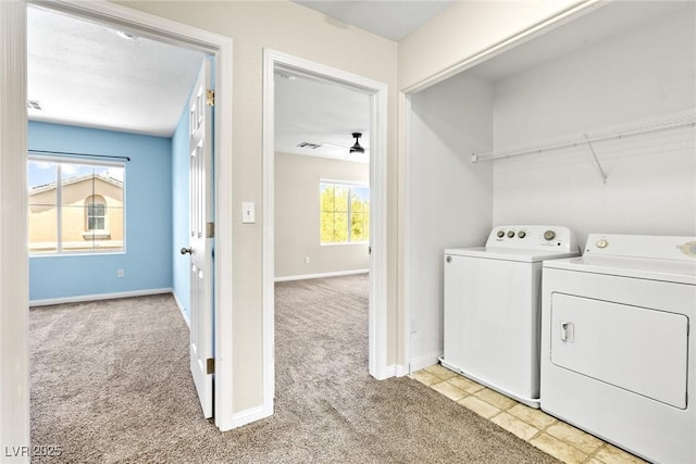 9527 Havasu Canyon Ave, Las Vegas, NV 89166 - laundry room with independent washer and dryer, light carpet, ceiling fan, and baseboards