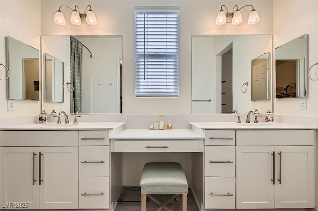 bathroom featuring walk in shower and vanity