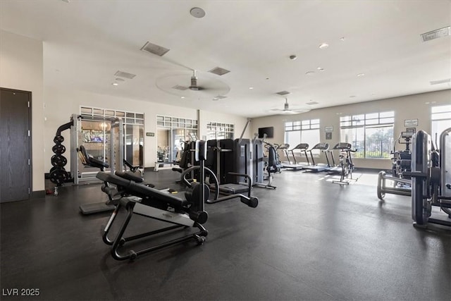 gym featuring ceiling fan