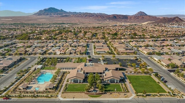 drone / aerial view featuring a mountain view