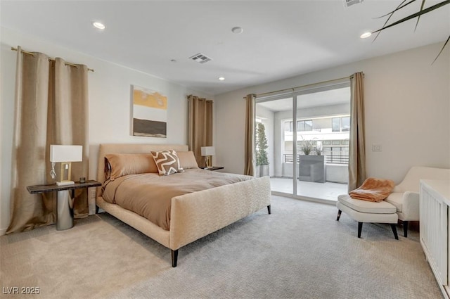 bedroom featuring light carpet, access to outside, visible vents, and recessed lighting