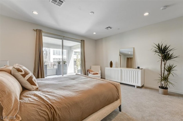 bedroom with recessed lighting, visible vents, and light colored carpet