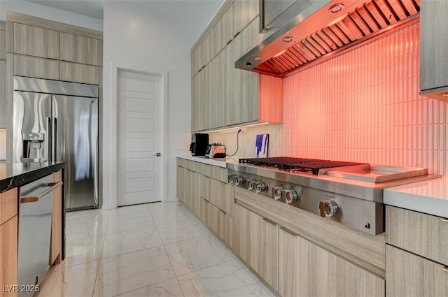 kitchen with stainless steel appliances, marble finish floor, custom range hood, and modern cabinets