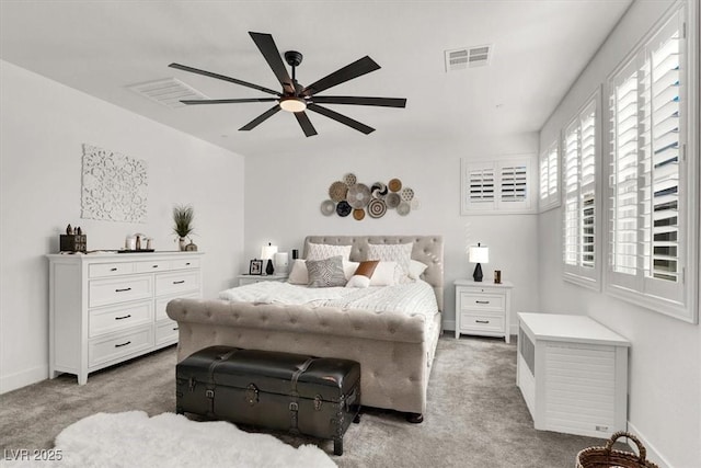 bedroom featuring ceiling fan and carpet flooring