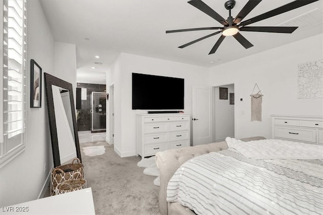 carpeted bedroom with ceiling fan