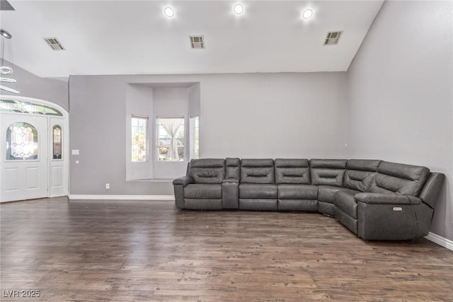 living room with lofted ceiling, dark hardwood / wood-style flooring, and a wealth of natural light