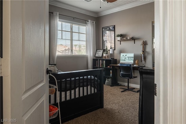 bedroom with crown molding and carpet flooring