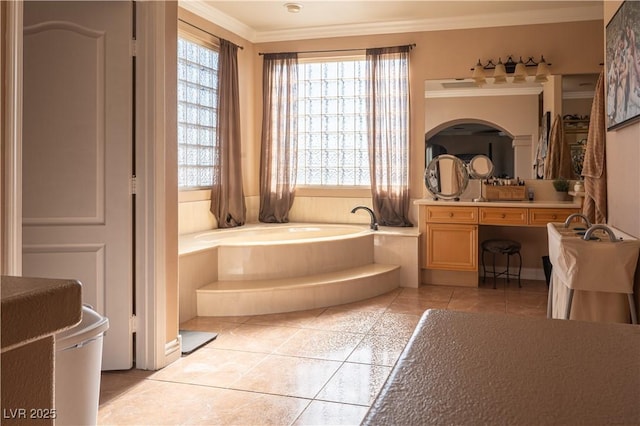 bathroom featuring ornamental molding, tiled bath, tile patterned floors, and vanity