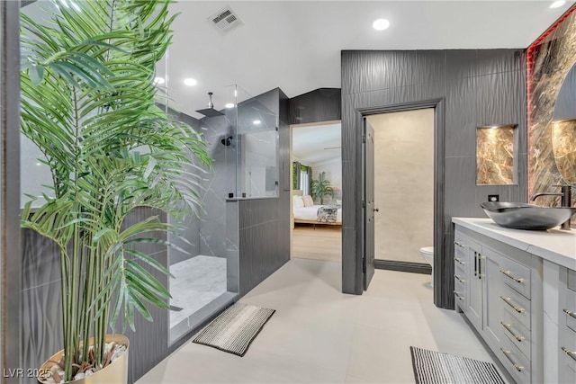 bathroom with toilet, vanity, and walk in shower