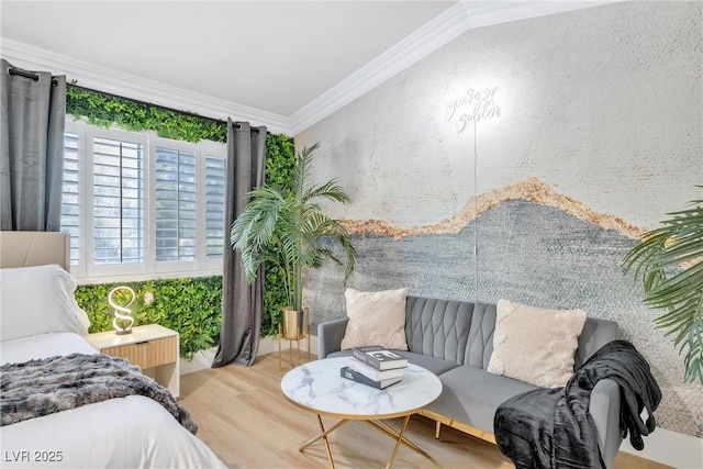 bedroom featuring ornamental molding and hardwood / wood-style floors